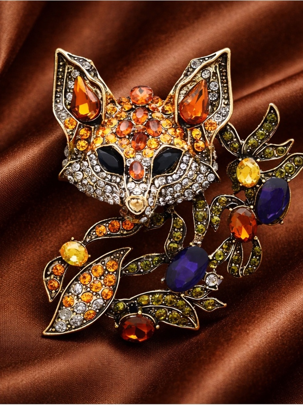Luxury Fox Amber Crystal & Multicolor Rhinestone Brooch